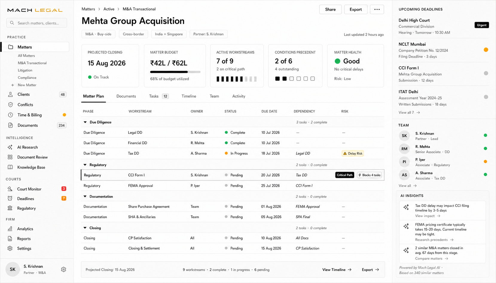 Matter plan view — cross-border M&A, phases and workstreams visible