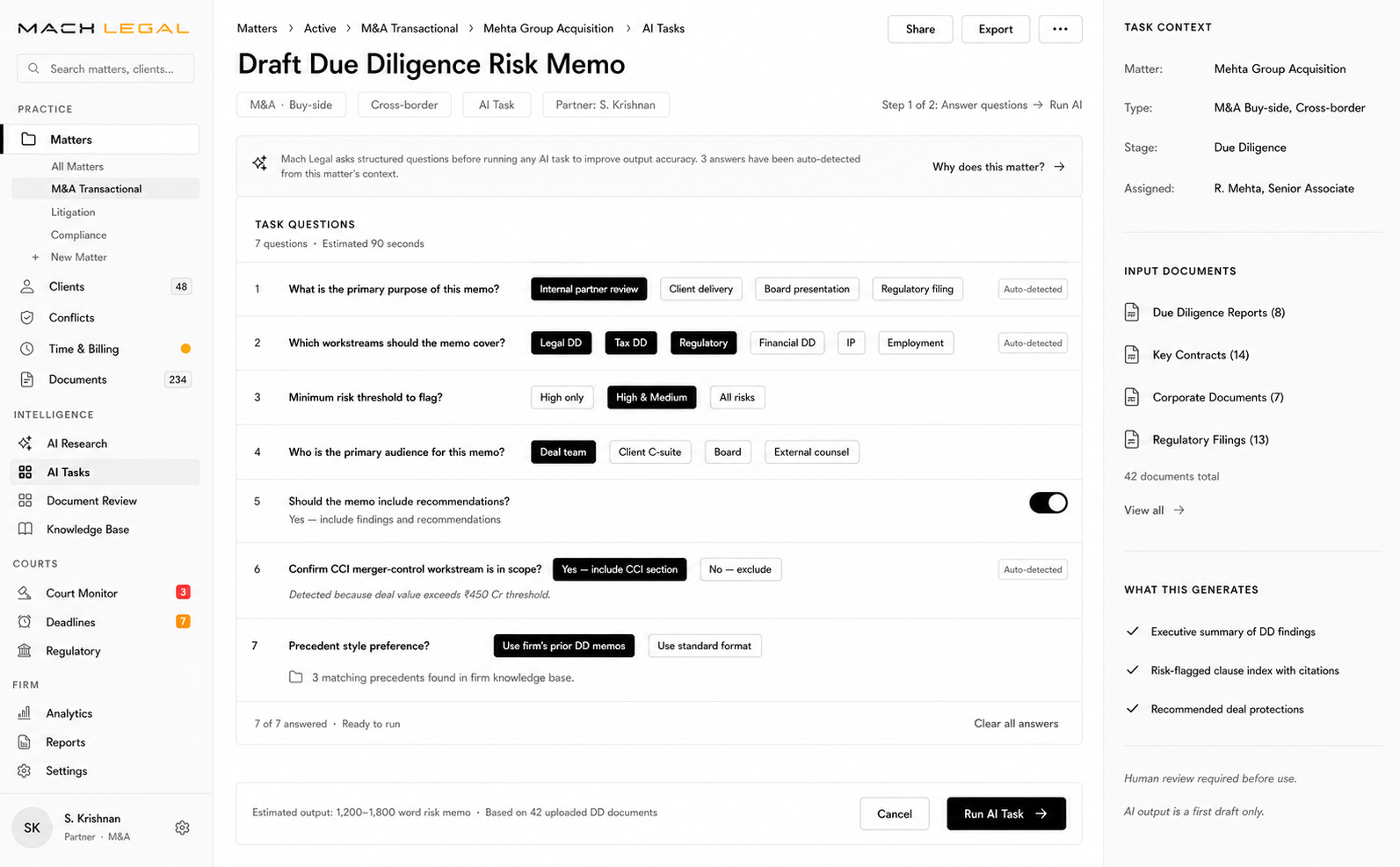 Draft due diligence risk memo — grounded, cited, and reviewable